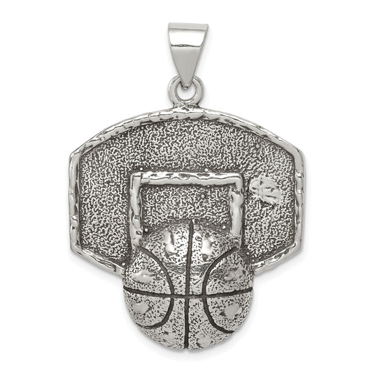 Sterling Silver Antiqued & Textured Basketball With Backboard Pendant