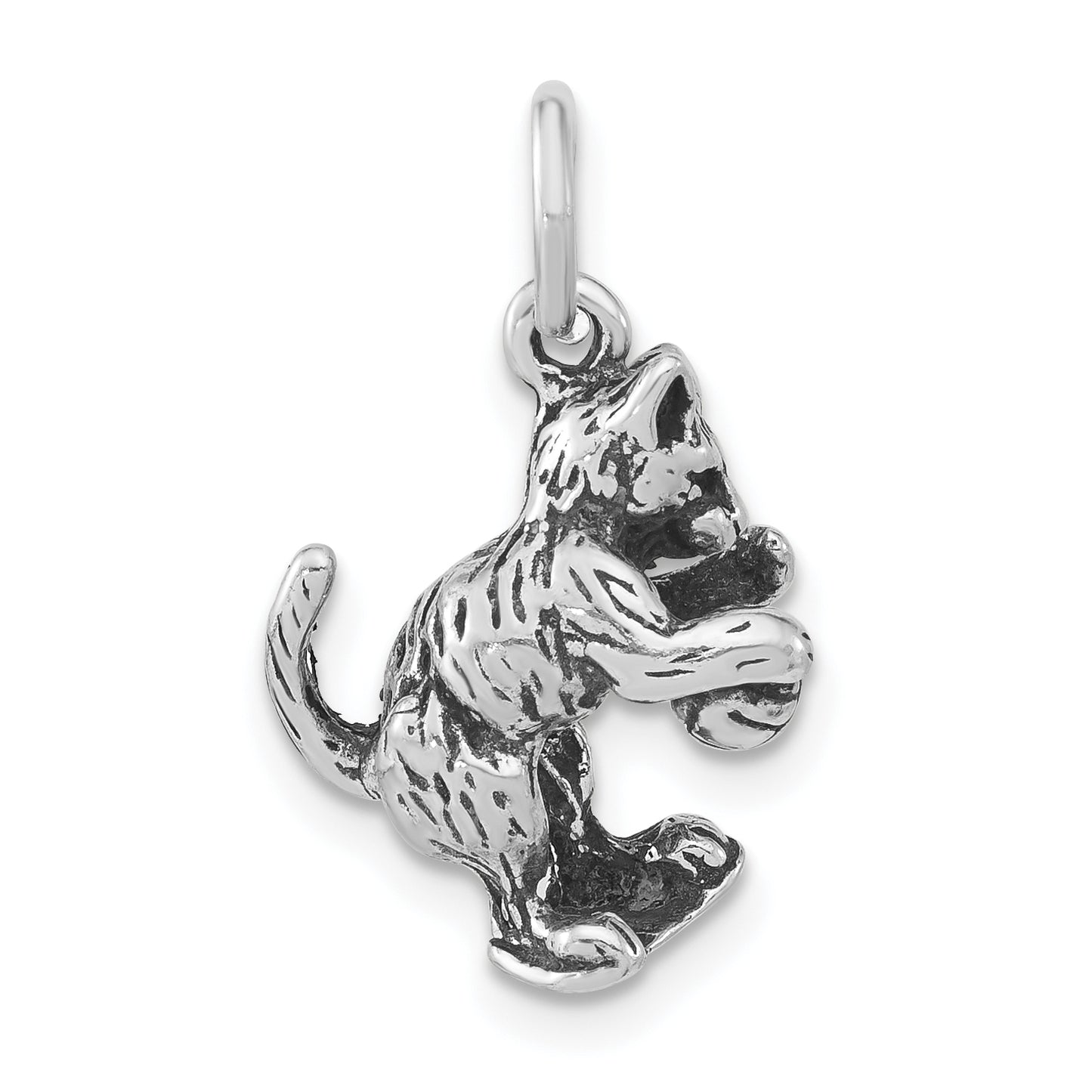 Sterling Silver 3-D Polished & Antiqued Cat Playing With Ball Pendant