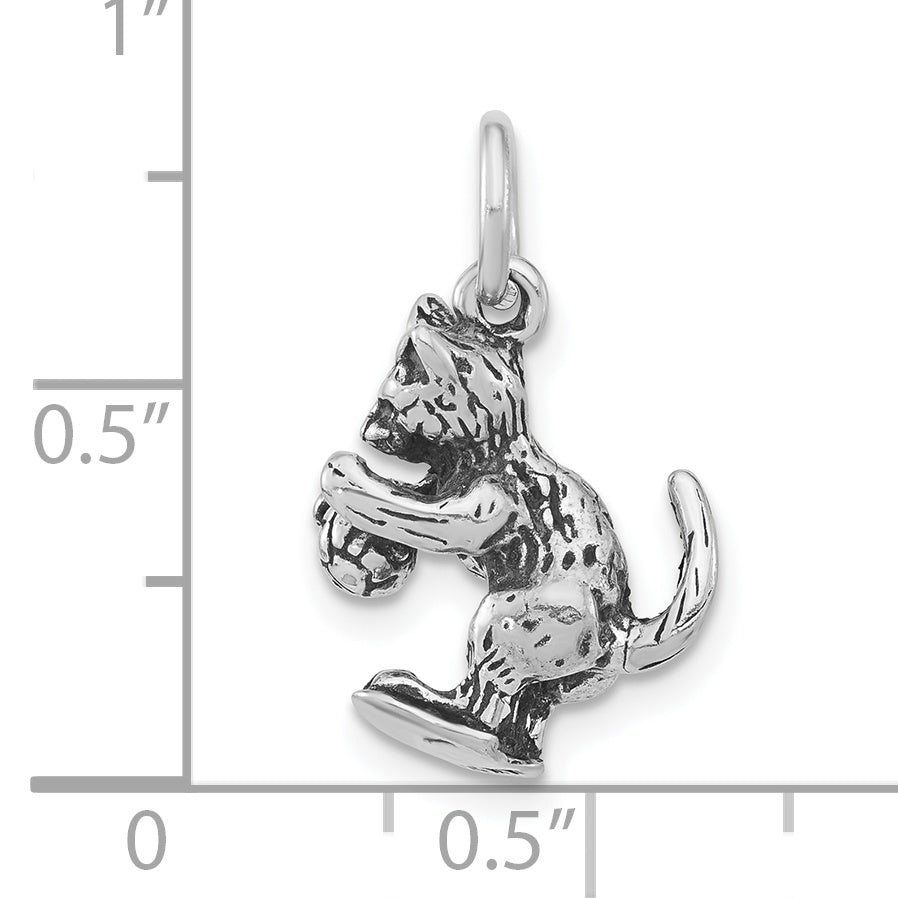 Sterling Silver 3-D Polished & Antiqued Cat Playing With Ball Pendant