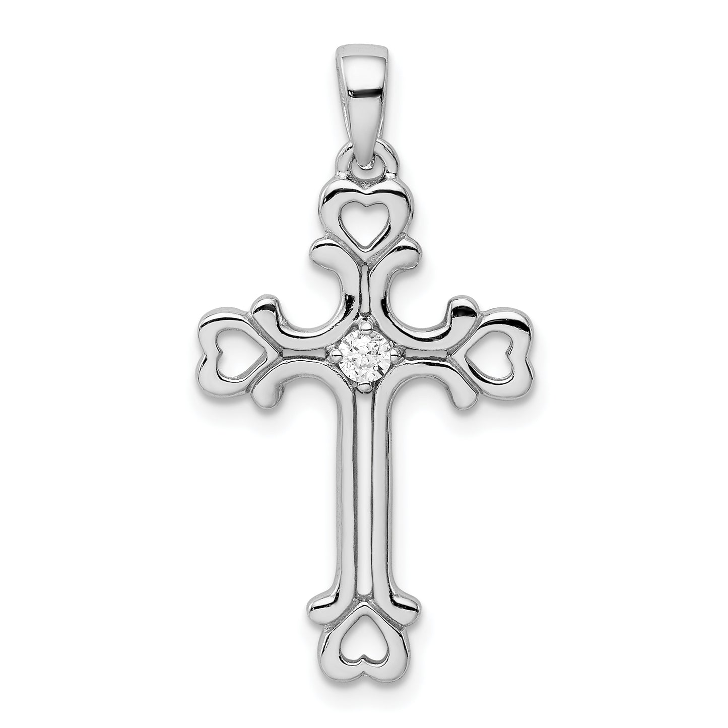 Sterling Silver Rhodium-Plated Cz Heart Cross Pendant