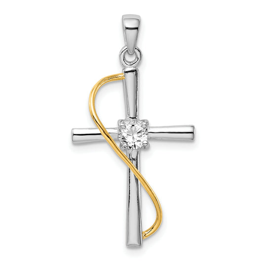 Sterling Silver Rhodium & Gold-Tone Polished W/Cz Cross Pendant