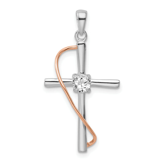 Sterling Silver Rhodium & Rose-Tone Polished Cz Cross Pendant