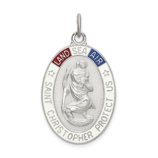 Sterling Silver Satin/Polished/D/C Enamel St Christopher Medal