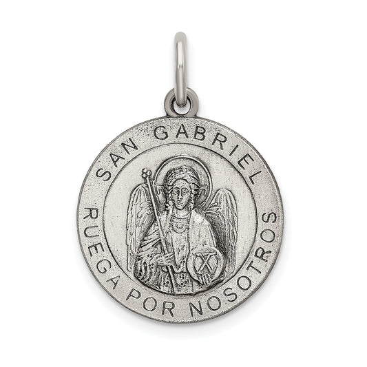 Sterling Silver Satin Antiqued Spanish St. Gabriel Medal Pendant