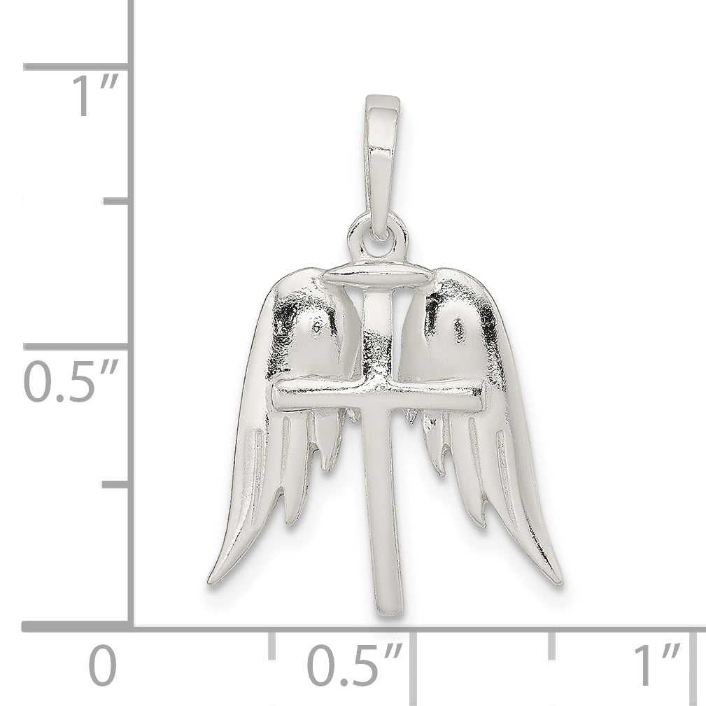 Sterling Silver Polished Wings And Cross Pendant