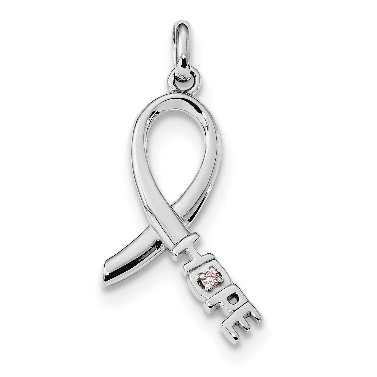 Sterling Silver Rhodium-Plated Pink Cz Hope Awareness Ribbon Pendant