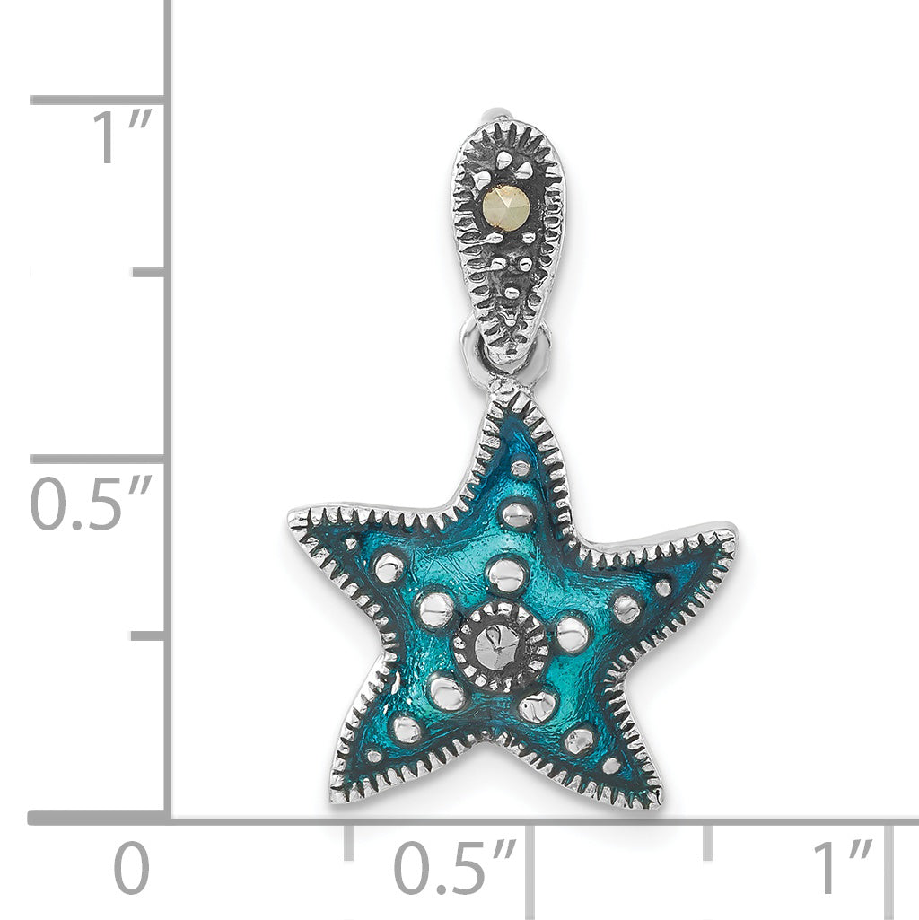 Sterling Silver Polished & Antiqued Blue Epoxy Marcasite Star Pendant