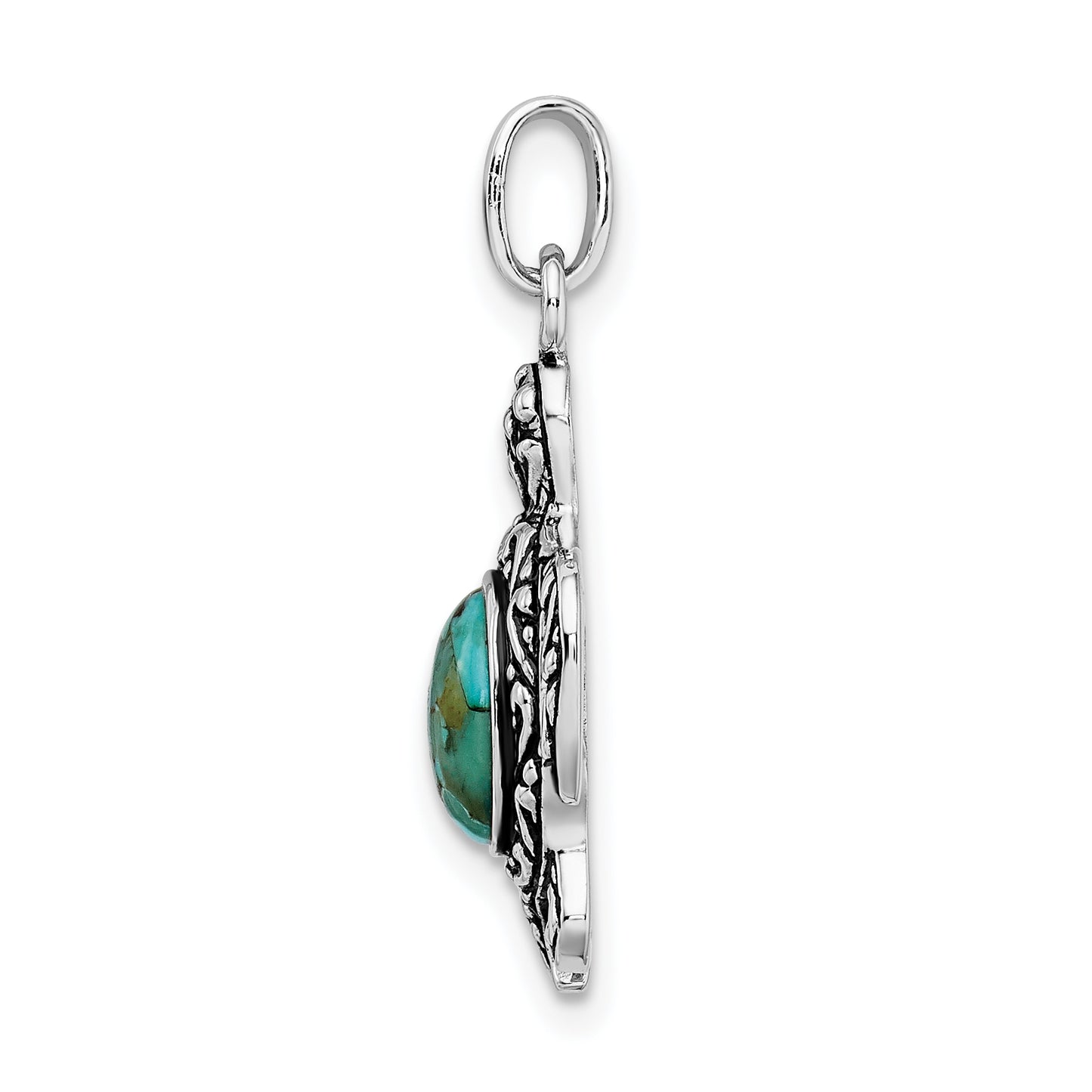 Sterling Silver Rhodium-Plated Antiqued Reconstituted Turquoise Turtle Pendant