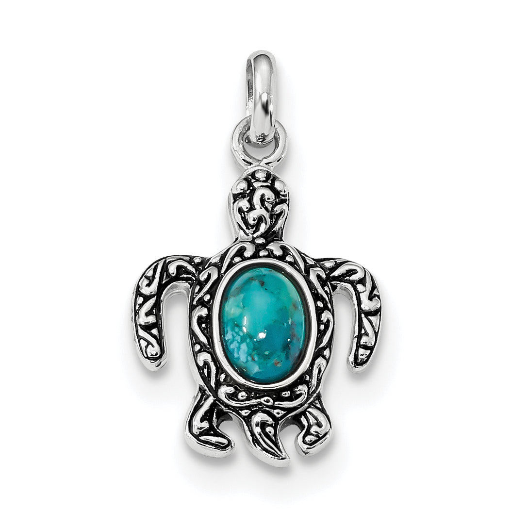 Sterling Silver Rhodium-Plated Antiqued Reconstituted Turquoise Turtle Pendant