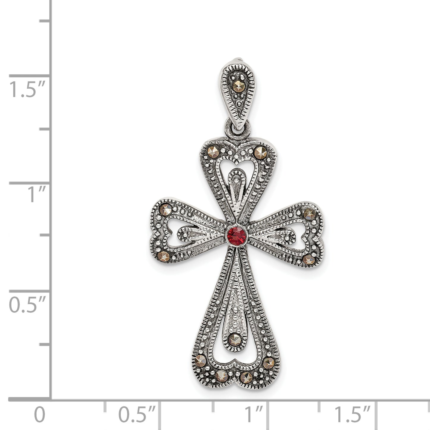 Sterling Silver Antiqued Marcasite And Garnet Cross Pendant