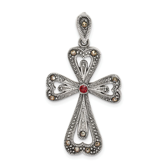 Sterling Silver Antiqued Marcasite And Garnet Cross Pendant