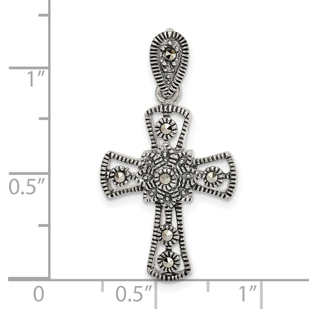 Sterling Silver Antiqued Marcasite Flower Cross Pendant