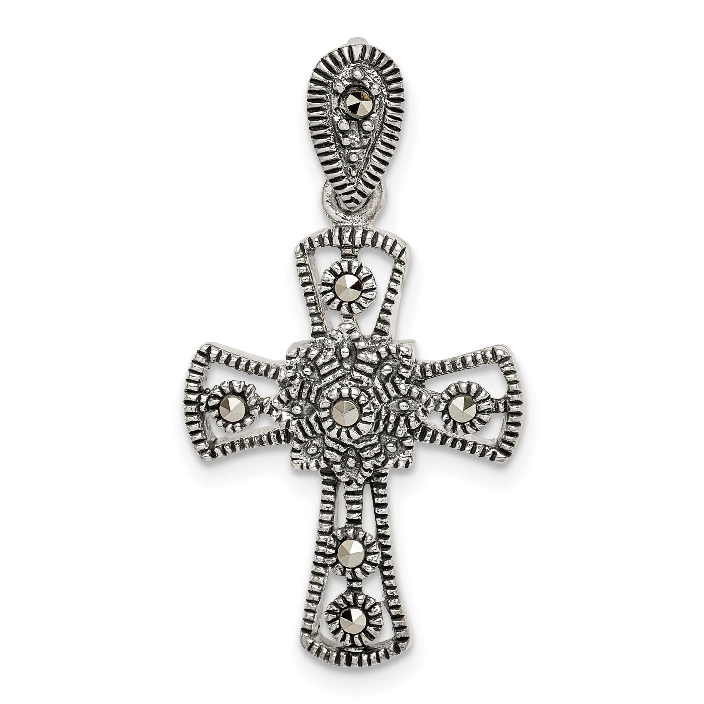 Sterling Silver Antiqued Marcasite Flower Cross Pendant