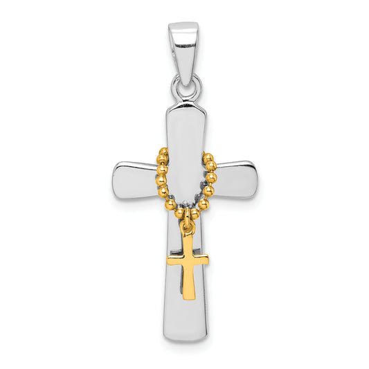 Sterling Silver Rhodium-Plated Polished Gold Tone Double Cross Pendant