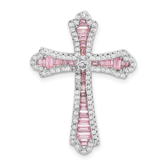 Sterling Silver Rhodium Plated Pink And White Cz Cross Pendant Slide