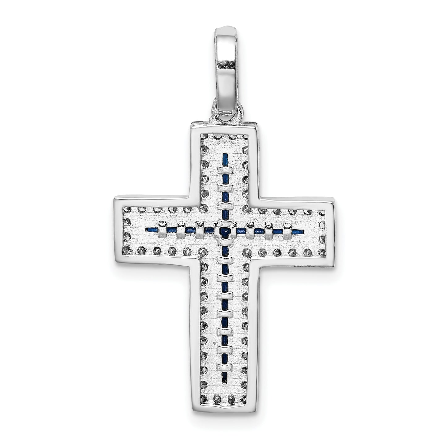 Sterling Silver Rhodium-Plated Cz & Lab Cr. Blue Spinel Cross Pendant