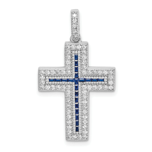 Sterling Silver Rhodium-Plated Cz & Lab Cr. Blue Spinel Cross Pendant