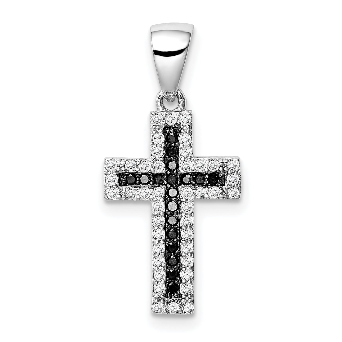 Sterling Silver Rhodium-Plated Black And Clear Cz Cross Pendant