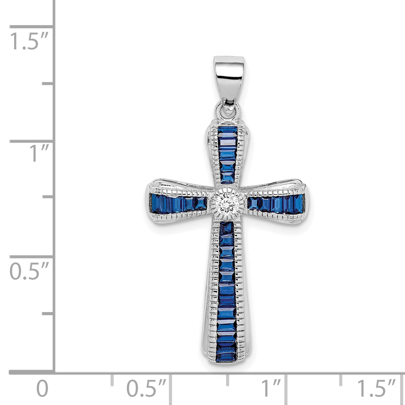 Sterling Silver Rhodium-Plated Cz & Lab Cr. Blue Spinel Cross Pendant