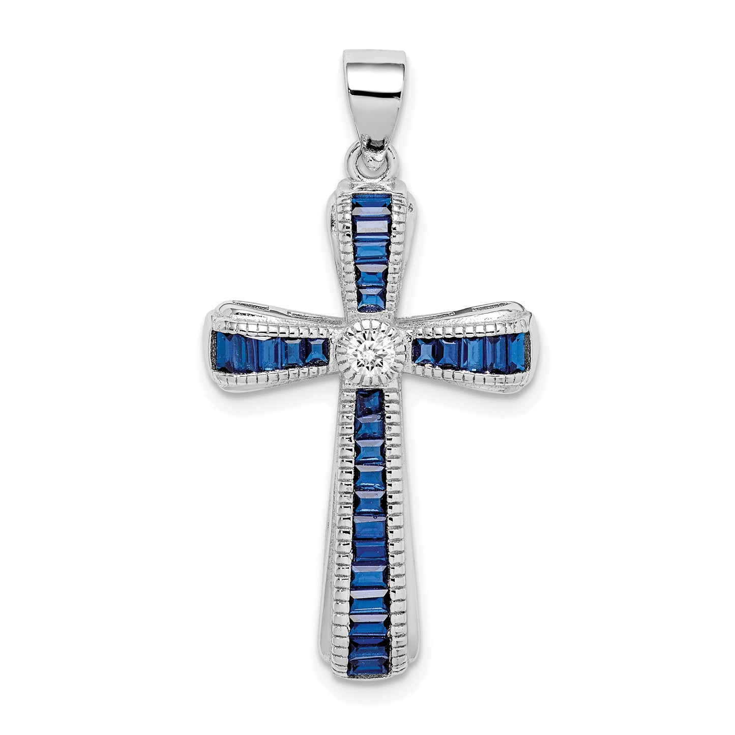 Sterling Silver Rhodium-Plated Cz & Lab Cr. Blue Spinel Cross Pendant