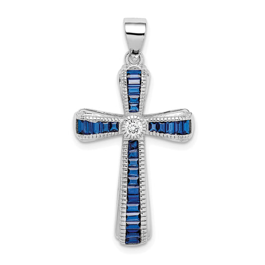 Sterling Silver Rhodium-Plated Cz & Lab Cr. Blue Spinel Cross Pendant