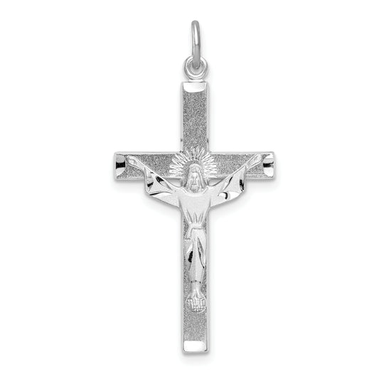 Sterling Silver Rhodium-Plated Textured Risen Chist Cross Pendant