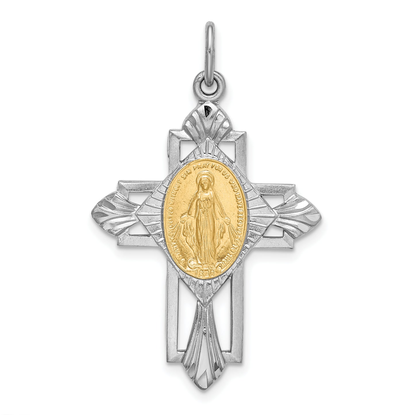 Sterling Silver Rhodium-Plated Gold Tone Miraculous Medal Cross Pendant