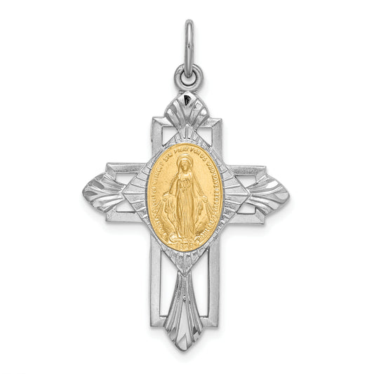 Sterling Silver Rhodium-Plated Gold Tone Miraculous Medal Cross Pendant