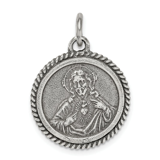 Sterling Silver Antiqued Sacred Heart Of Jesus Medal Pendant