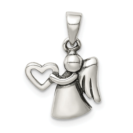 Sterling Silver Antiqued Angel With Heart Pendant