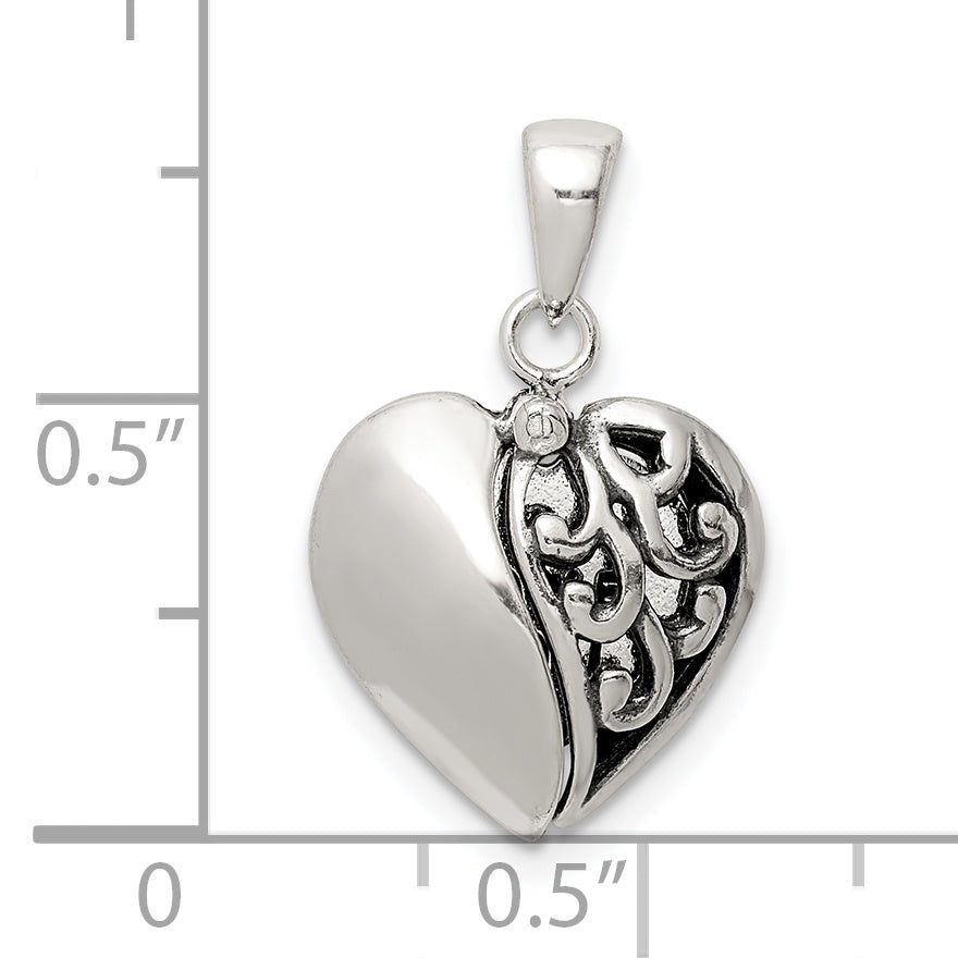 Sterling Silver Polished And Antiqued I Love You Message Within A Decorative Scroll Patterned Moveable Opening Shell Heart Pendant