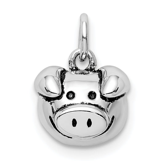 Sterling Silver Rhodium-Plated Antiqued Pig Head Pendant