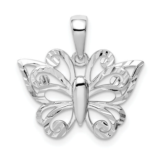 Sterling Silver Rhodium Plated Diamond-Cut Butterfly Pendant