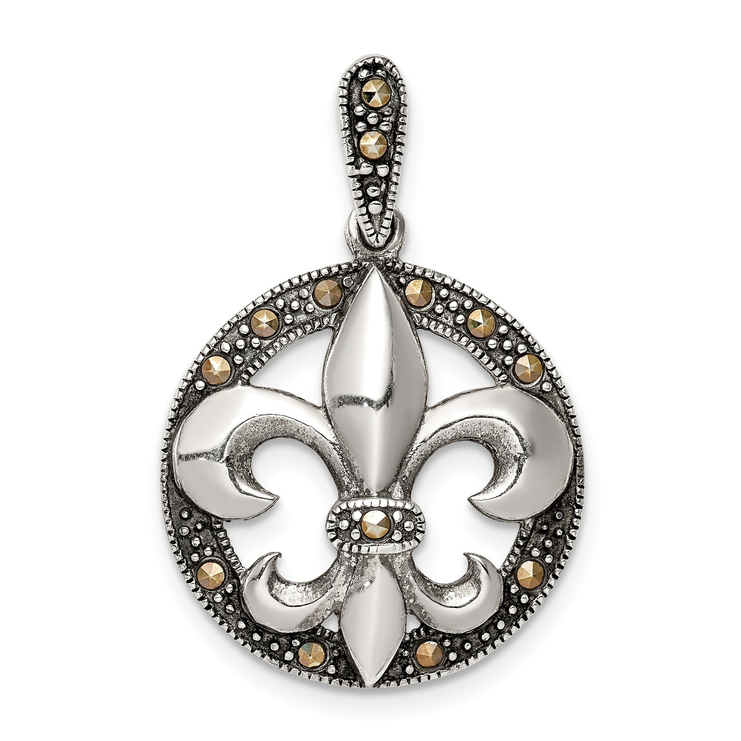 Sterling Silver Antiqued Marcasite Fleur De Lis Pendant