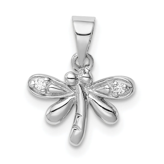 Sterling Silver Rhodium-Plated Polished Cz Dragonfly Children'S Pendant