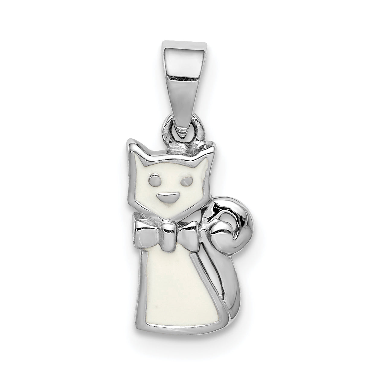 Sterling Silver Rh-Plated Polished White Enameled Cat Children'S Pendant