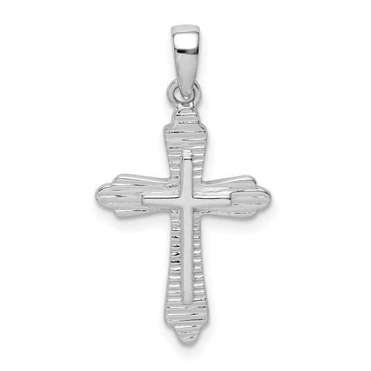 Sterling Silver Rhodium-Plated Striped Texture Cross Pendant