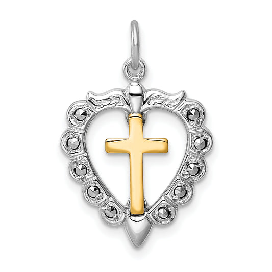 Sterling Silver Rhodium-Plated & Gold Tone Cross Heart Pendant