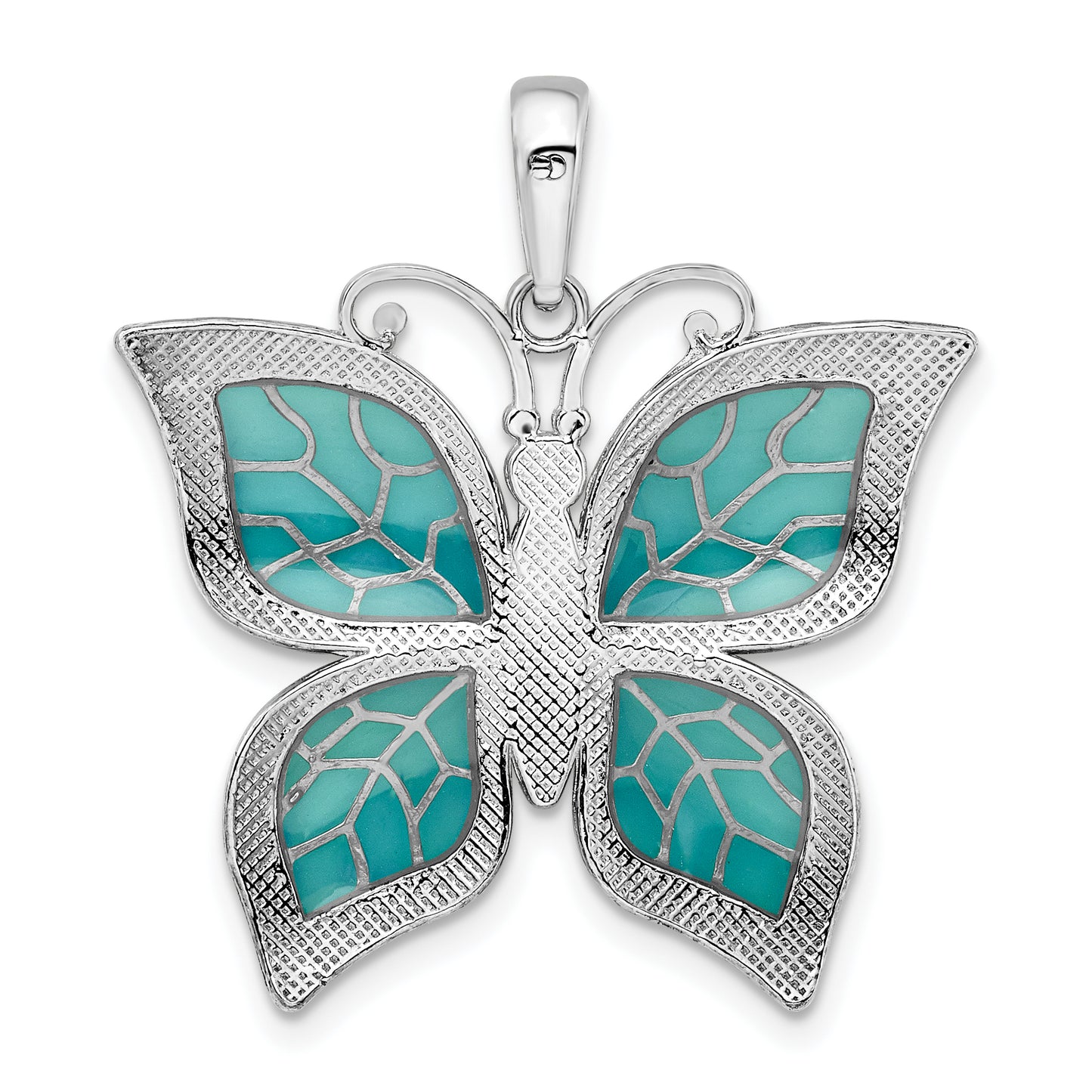 Sterling Silver De-Ani Rhodium-Plated Polished Enameled Aqua Butterfly Pendant