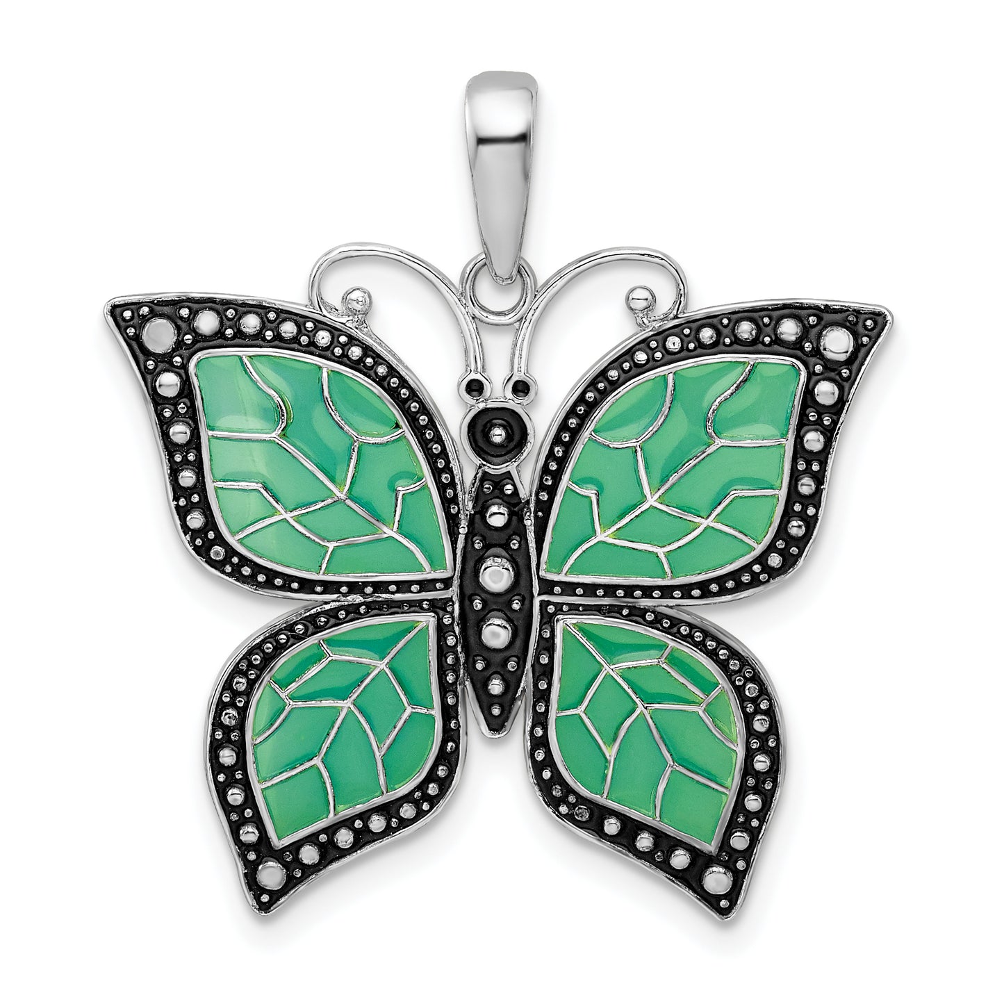 Sterling Silver De-Ani Rhodium-Plated Polished Enameled Aqua Butterfly Pendant