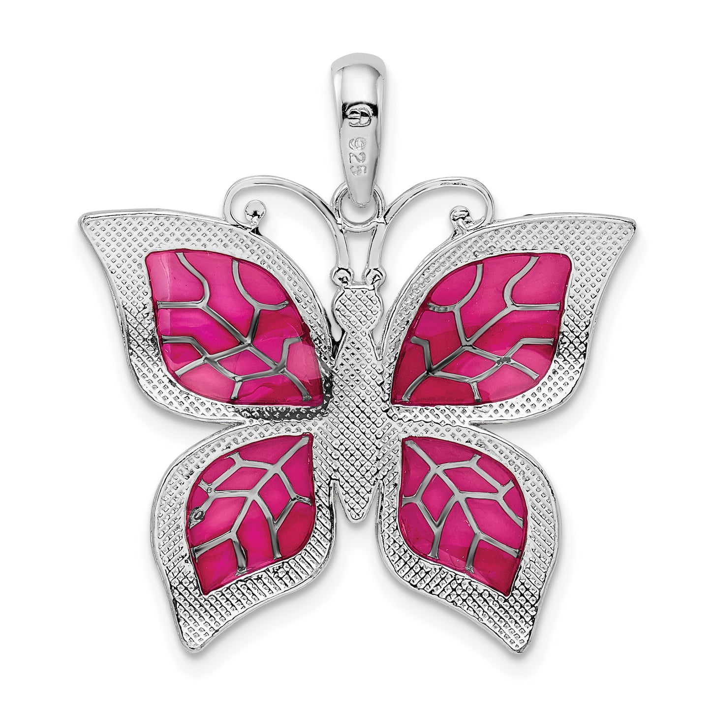 Sterling Silver De-Ani Rhodium-Plated Polished Enameled Fuchsia Butterfly Pendant