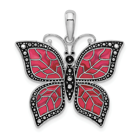 Sterling Silver De-Ani Rhodium-Plated Polished Enameled Fuchsia Butterfly Pendant