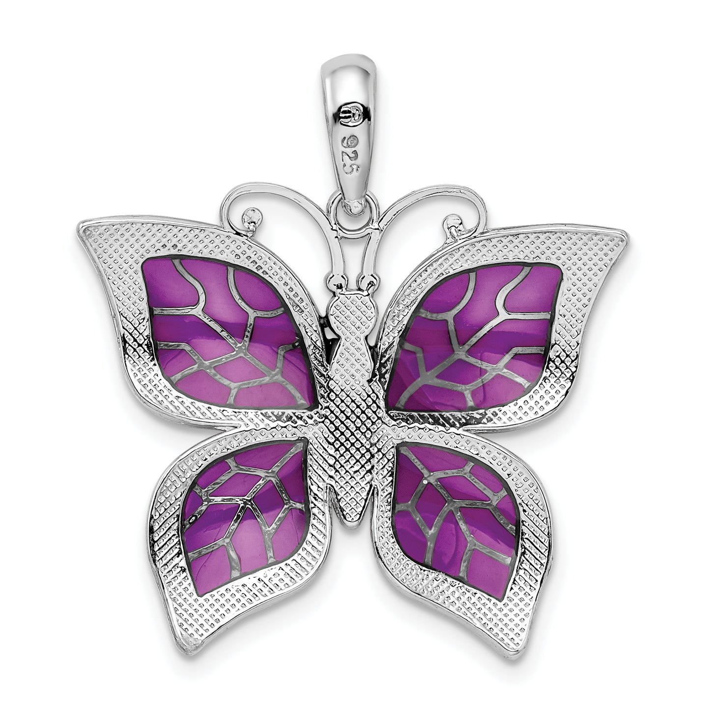 Sterling Silver De-Ani Rhodium-Plated Polished Enameled Purple Butterfly Pendant