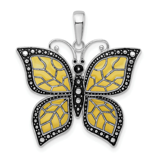 Sterling Silver De-Ani Rhodium-Plated Polished Enameled Yellow Butterfly Pendant