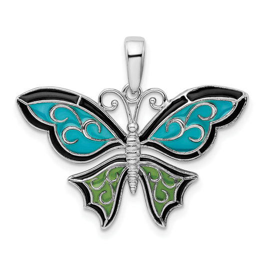 Sterling Silver De-Ani Rhodium-Plated Polished Enameled Aqua Butterfly Pendant