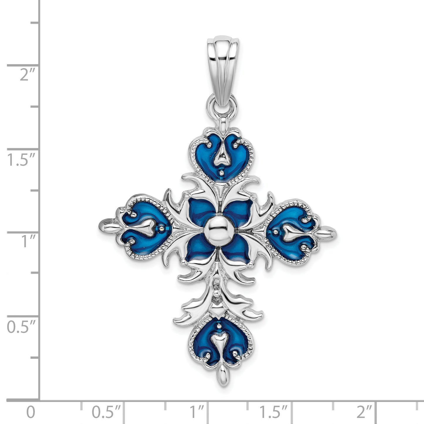 Sterling Silver De-Ani Rhodium-Plated Polished Enameled Fleur De Lis Cross Pendant