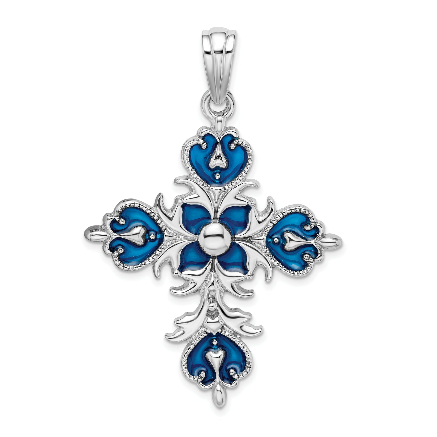 Sterling Silver De-Ani Rhodium-Plated Polished Enameled Fleur De Lis Cross Pendant