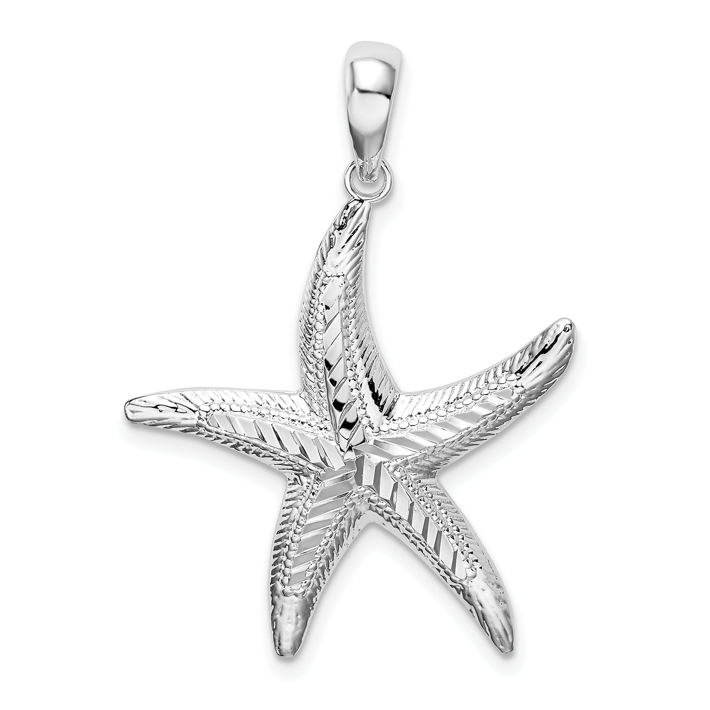 Sterling Silver De-Ani Rhodium-Plated Textured Diamond-Cut Starfish Pendant