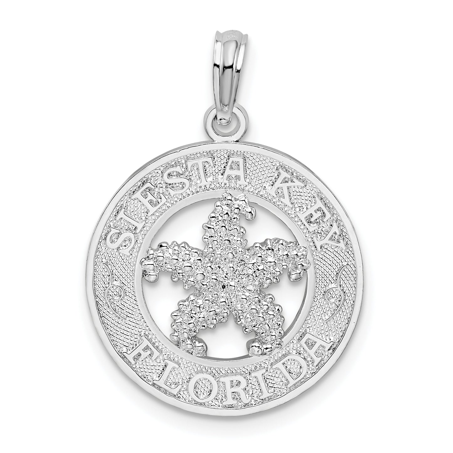 Sterling Silver De-Ani Rhodium-Plated Textured Siesta Key Florida With Starfish Pendant