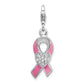 Sterling Silver Amore La Vita Rhodium-Plated Polished 3-D Enameled With Cz Pink Awareness Ribbon And Heart Charm Fancy Lobster Clasp